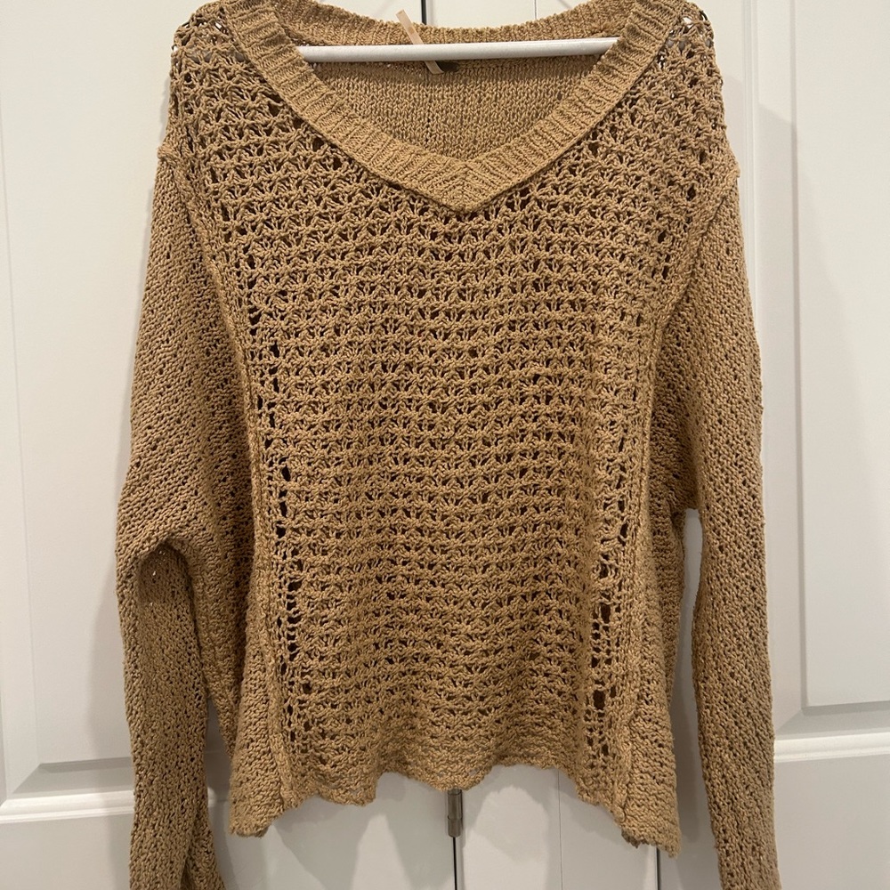 Free People Beige Loose Knit V Neck Sweater